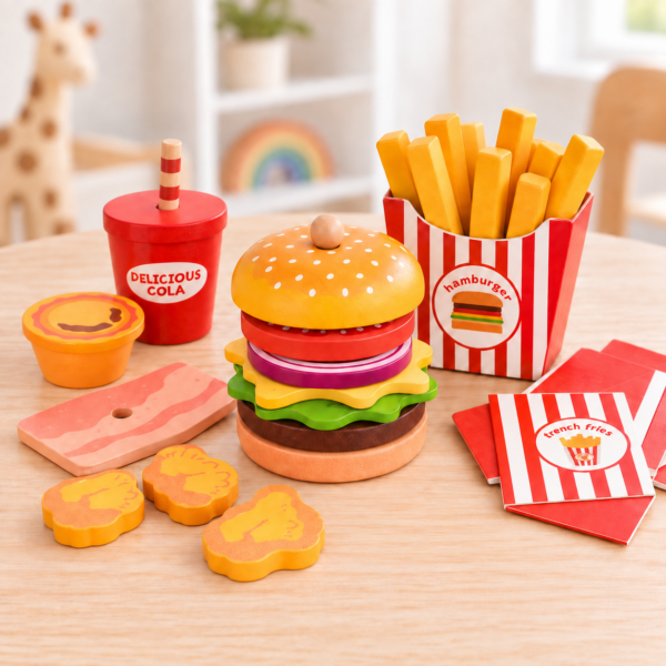 Drevený hamburgerový set s hranolkami a nápojom